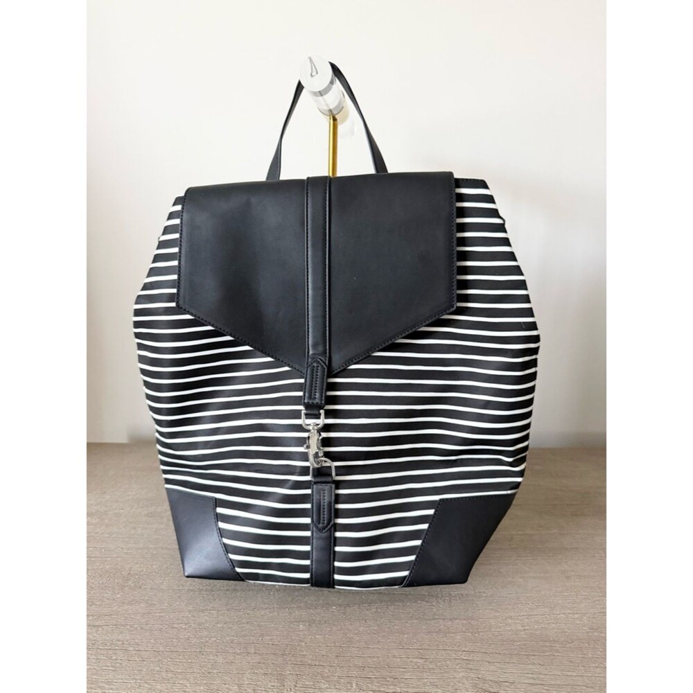 Stella & Dot Ava Backpack Nylon Black & White Stripe Silver Clasp